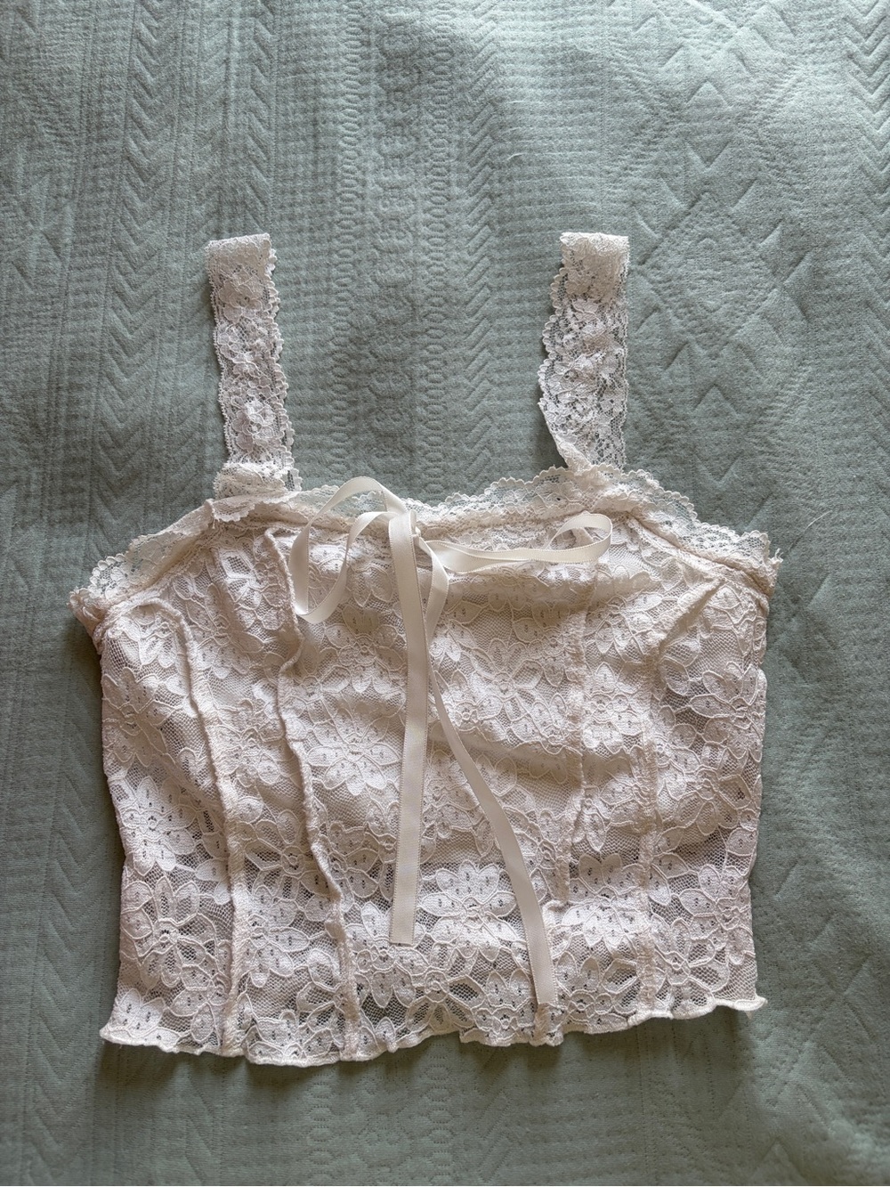 SHEIN Cream Lace Crop Cami with Ribbon Tie